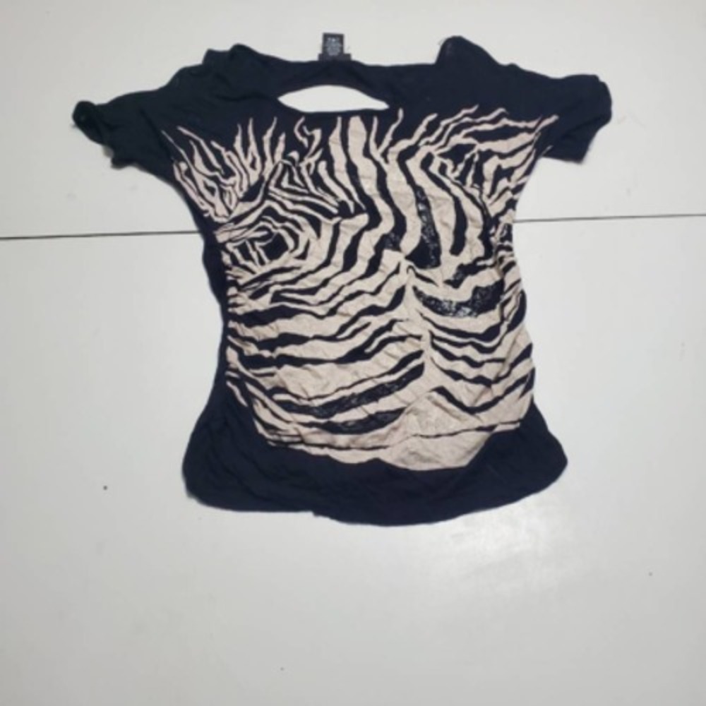 Rue21 Womens Blouse Black Zebra Print Short Sleeve Scoop Glitter Back Hole S